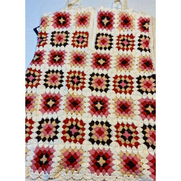 Lucky Brand Women Mini Dress XLARGE‎ Pink Granny Square Crochet Knit Boho Cotton - Picture 9 of 15